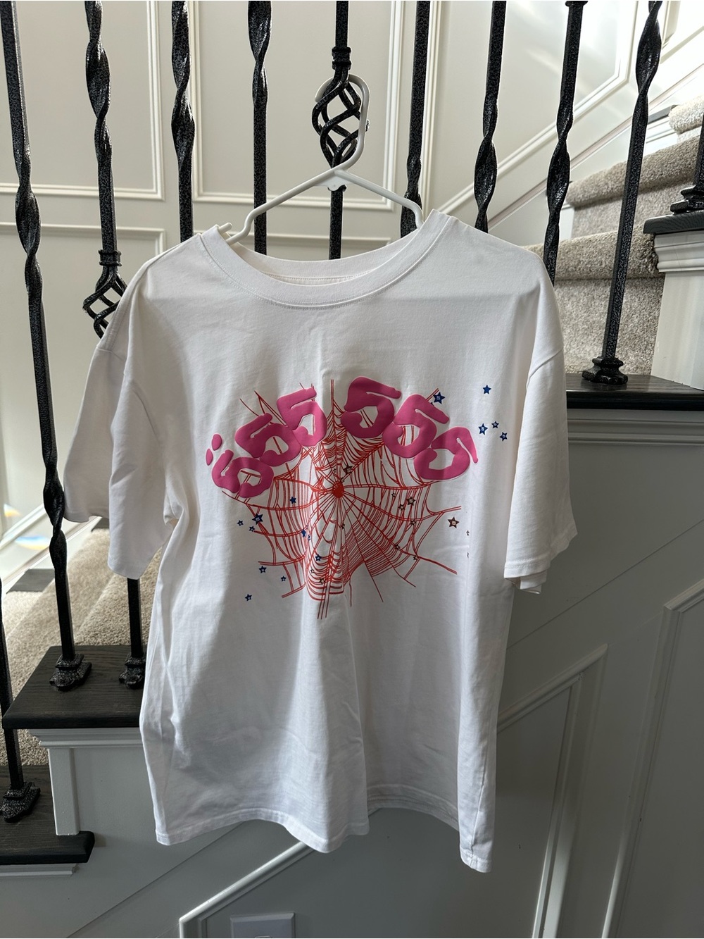 White Graphic Tee with Pink & Red Spiderweb Design
